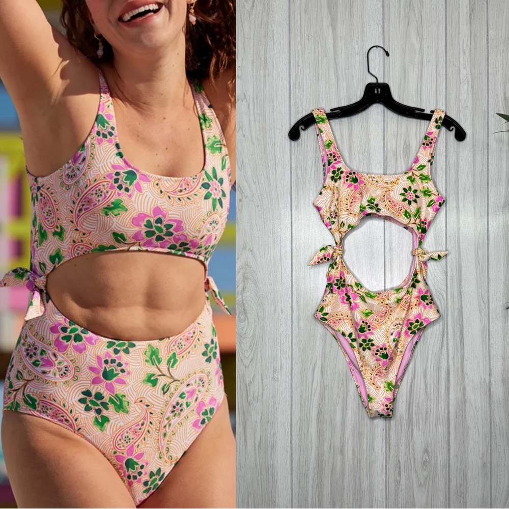 NWT Aerie Tie Cut Out One Piece Cheeky Swimsuit Lip Gloss Boho size S Small
